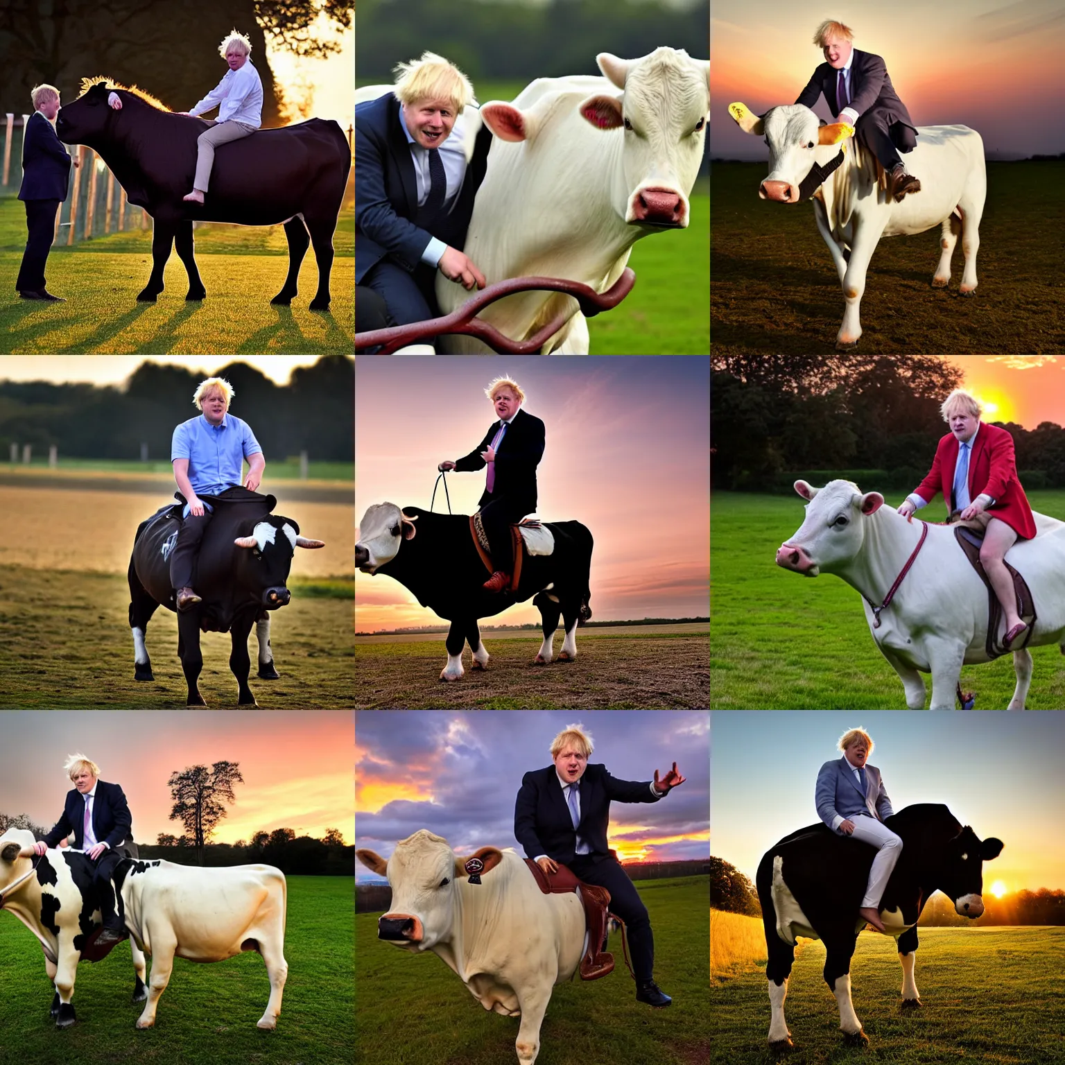 Prompt: boris johnson riding a dairy cow like a horse, sunset photo