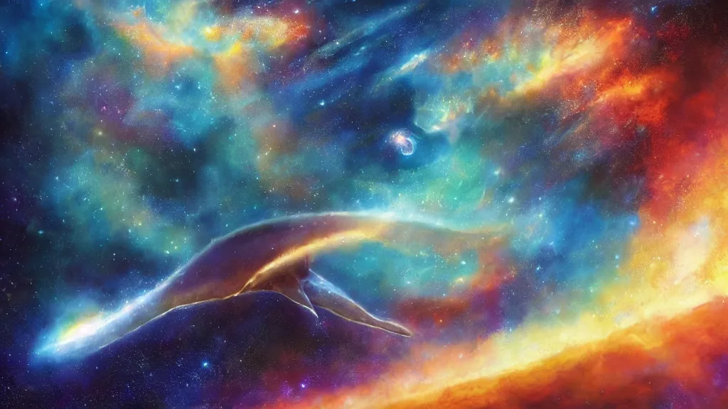 Prompt: Blue fire whale flying through a nebula, star dust, cosmic, magical, shiny, glow,cosmos, galaxies, stars, stunning, vivid colors, by andreas rocha and john howe, and Martin Johnson Heade, featured on artstation, featured on behance, golden ratio, ultrawide angle, hyper detailed, photorealistic, epic composition, wide angle, f32, well composed, UE5, 8k