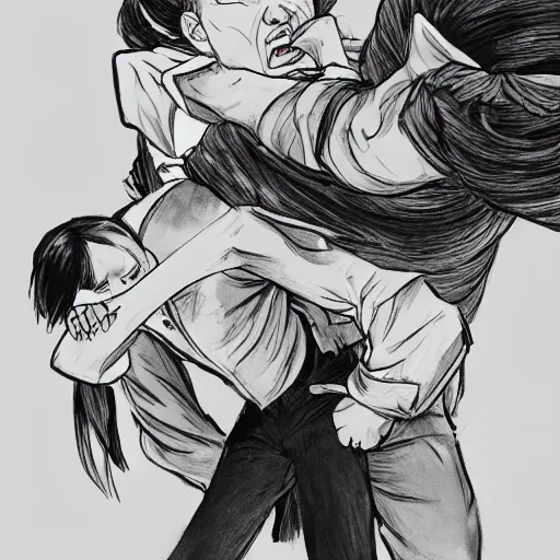 Image similar to angry emma watson putting xi jinping in a headlock as security agents close, trending on artstation