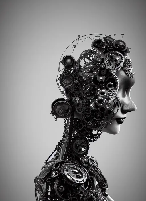 Image similar to black and white dreamy foggy poetic smoky profile face portrait, one silver steampunk realistic eye biomechanical beautiful angelic young female cyclope - cyborg - robot bust, body ribs meshes,, volumetric light, hibiscus flowers, by cecile beaton, rim light, big gothic fashion pearl embroidered collar, 8 k