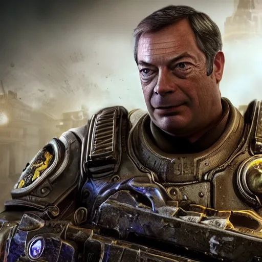 Image similar to Portrait of Nigel Farage in Gears of War, splash art, movie still, cinematic lighting, dramatic, octane render, long lens, shallow depth of field, bokeh, anamorphic lens flare, 8k, hyper detailed, 35mm film grain