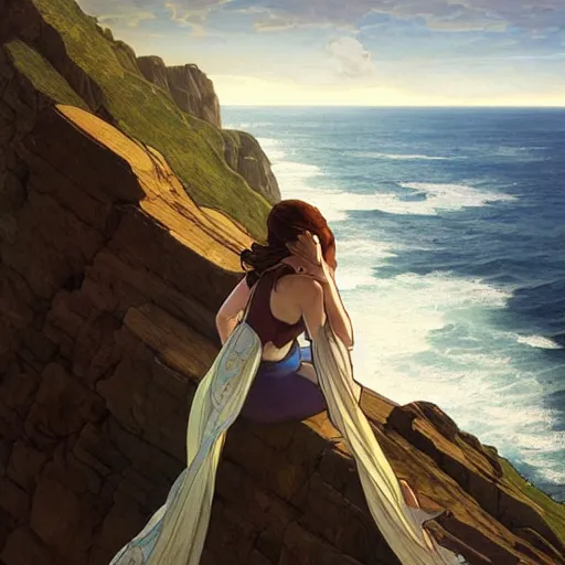 Prompt: a person standing on a cliff, looking out at the ocean, by artgerm and greg rutkowski and alphonse mucha and william