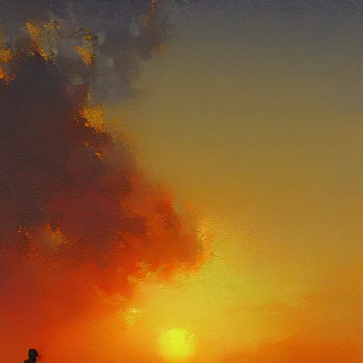 Image similar to a man watching a beautiful sunset, paint by Craig Mullins