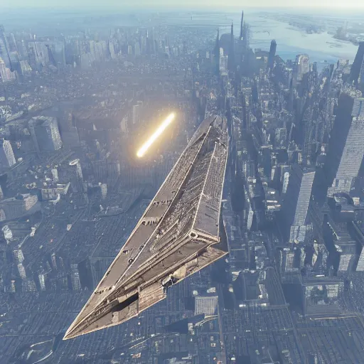 Prompt: extreme long shot of a colossal imperial star destroyer hovering over the sky of new york city, tie fighters patrolling, golden hour, deep depth of field, aerial view, the sun on the horizon, award winning photography, 8 k, octane render, unreal 5, hyperrealistic, symmetrical, breathtaking, groundbreaking, intricate digital art, photoshop, cgi art