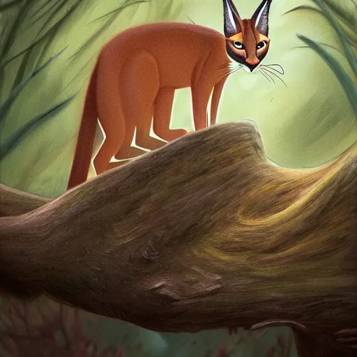 Image similar to photo of a cate caracal in the woods ilustration, concept art, sharp focus, ArtStation