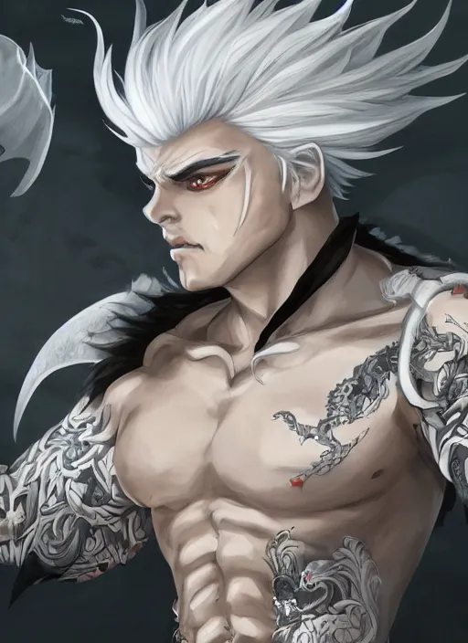 Image similar to a highly detailed illustration of fierce white haired asian man with short white hair parted down middle, wearing white kimono with black shirt, with dragon tatto, with black sclera eyes, heroically battle posing, muscular, intricate, elegant, highly detailed, centered, digital painting, artstation, concept art, smooth, sharp focus, league of legends concept art, WLOP