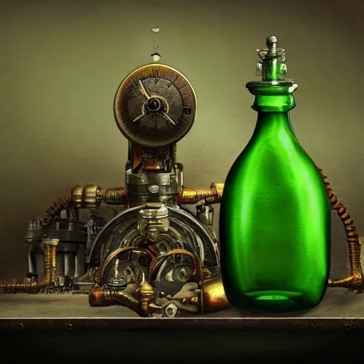 Prompt: a painting of a complex steampunk mechanical grass colored potion bottle centered on a counter, by h. r. giger, hyperrealistic fantasy art, concept matte, ethereal, dreamy, digital art, trending on artstation, volumetric cinematic lighting