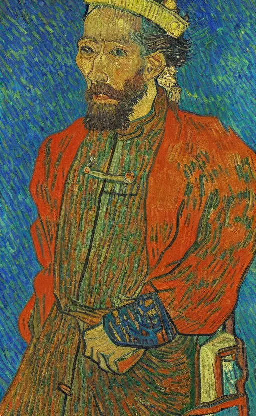 Image similar to detailed expressionist!! oil painting masterpiece portrait of an ancient emperor on his throne!! by van gogh, 8 k resolution, smooth, sharp focus, matte painting, beautiful masterpiece expressionist painting