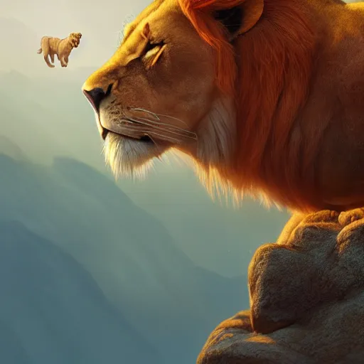 Prompt: The female Lion Queen Nala from the Lion King standing on pride rock, summer, bright and beautiful, orange tones, oil painting, Greg Rutkowski, Charlie Bowater, unreal 5, DAZ, hyperrealistic, octane render, RPG portrait, dynamic lighting, fantasy art, beautiful face