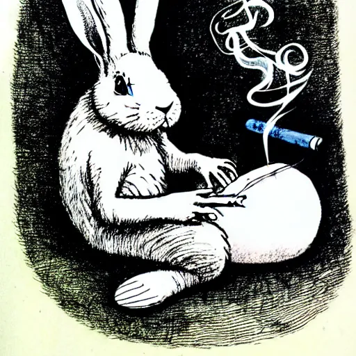 Prompt: a pen and ink drawing of a white rabbit smoking a smokey cigarette while reclining in a deep dark tangled forest, childrens book illustration, by edward gorey, by gustav dore