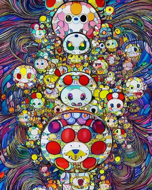 Image similar to triple decker fantastical, cute, and beautiful hybrid of the anatomy of different animals, a humorous psychedelic creature concept design by Takashi Murakami and Toru Narita, in the style of Takashi Murakami, maximalist hyper detailed