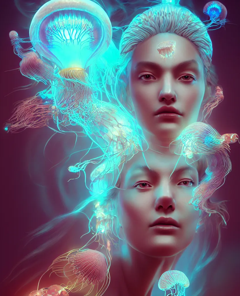 Image similar to goddess portrait. jellyfish phoenix head. intricate artwork by Tooth Wu and wlop and beeple. octane render, trending on artstation, greg rutkowski very coherent symmetrical artwork. cinematic, hyper realism, high detail, octane render, 8k