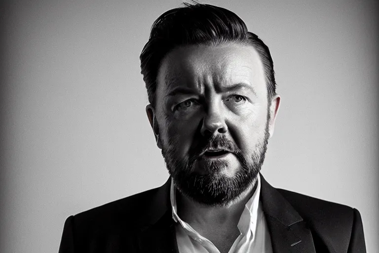 Image similar to an 8 5 mm portrait of ricky gervais as a 1 7 0 0's gangster by gustave baumann, lomography lady grey, ultra realistic, beautiful lighting, dramatic, noise, aron demetz, film