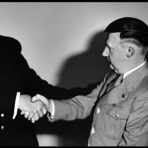 Image similar to donald trump and adolf hitler shaking hands, photography, hyper realism, germany, ww2, 8k,