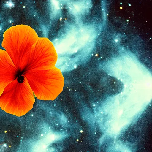 Image similar to a small hibiscus flower with detailed orange pedals, floating in space, wide perspective, hubble photo, olympus xa camera, 3 5 mm film, beautiful, galaxies