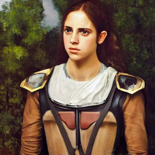 Prompt: a realistic painting by Gustave Courbet depicting the Kamen Rider Femme with the head of the symbiotic Emma Watson in the Renaissance,smooth,Sharp focus,high detailed,high resolution,fine art, trending on Artstation.