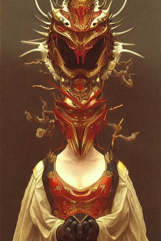 Image similar to portrait of a gullum is a chinese dragon in armor and helmet, majestic, solemn, symmetrical, detailed intricate, hyper realistic, by bouguereau