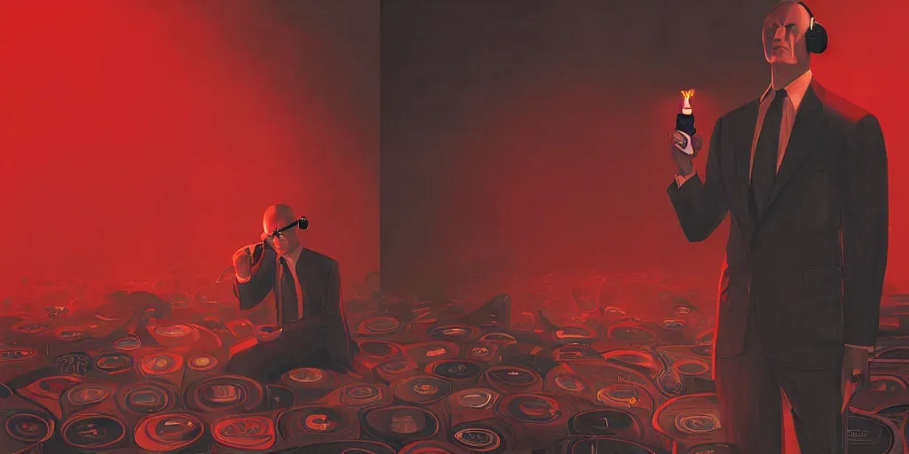 Image similar to an expressive portrait of agent 4 7 from hitman wearing headphones and holding a handgun in front of a wall of vinyl records, head being lit by red rim light, digital art, artstation, art by giger stalenhag