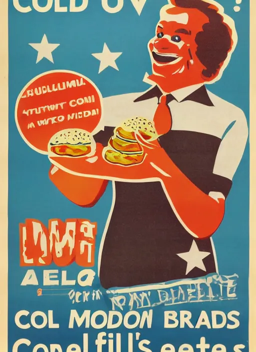 Prompt: cold war civil defense poster, for ronald mcdonald holding a tray of burgers,