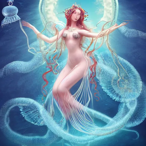 Image similar to Full body photo of the most beautiful goddess, she has a jellyfish head and a siren body, some tentacles are touching her, she flying to heaven through the clouds, she is swimming and leading some chrysaora hysoscella with smoke behid her, by Tooth Wu, trending on Artstation, digital art, symmetrical artwork, cinematic, hyper realism, high detail, octane render, 4k, 8k