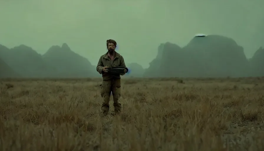 Prompt: lone survivor man holding a radio!! in post - apocalyptic nature landscape. movie screenshot. lush composition by wes anderson, shallow depth of field, cinematic. cinematic composition