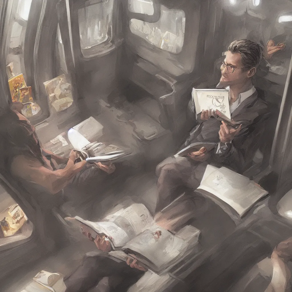 Image similar to a painting of a lone man reading a magical book while sitting in a subway car, by rutkowski and artgerm, highly detailed, trending on artstation, movie concept art, cinematic lighting