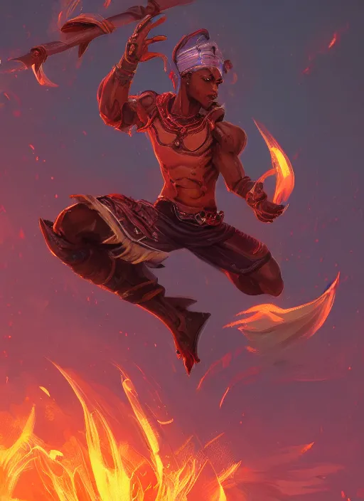 Prompt: a highly detailed illustration of attractive young african fire god with short hair, heroic jumping pose, intricate, elegant, highly detailed, centered, digital painting, artstation, concept art, smooth, sharp focus, league of legends concept art, wlop