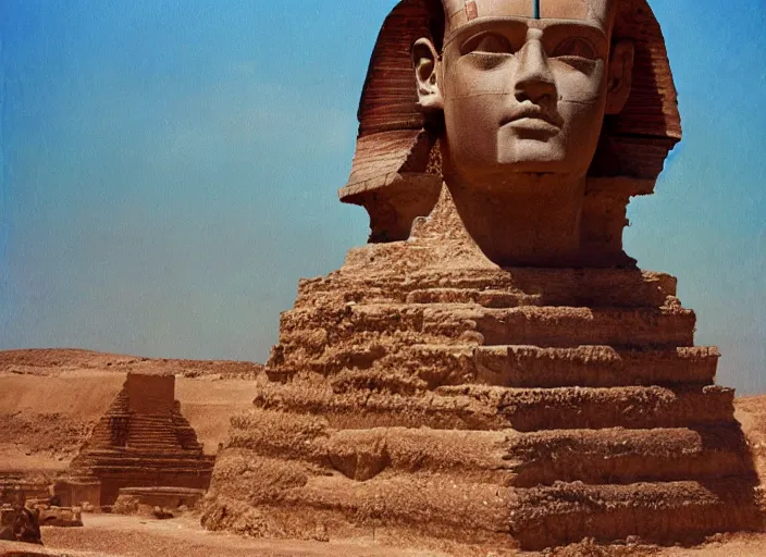 Image similar to gustave moreau painting of kelsey grammer's face and big forehead head on a sphinx body, egyptology, ancient aliens, grainy cinestill film landscape photo, blender, monument, 8 k