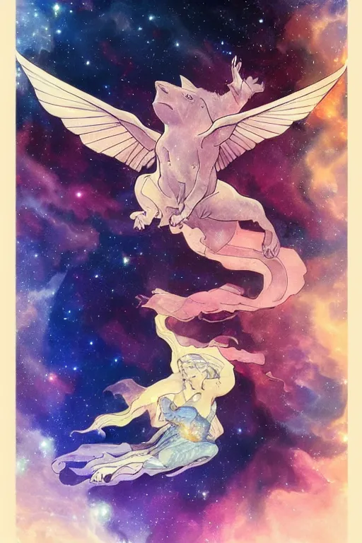 Prompt: a flying pig in a beautiful nebula, water color, art by artgerm and greg rutkowski and alphonse mucha and jin xiaodi and anthony devine