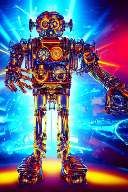 Image similar to portrait photo of a giant huge golden and blue metal futuristic steampunk robot covered with multicolored big guitars and gears and tubes, eyes are glowing red lightbulbs, shiny crisp finish, 3 d render, 8 k, insaneley detailed, fluorescent colors, background is multicolored lasershow