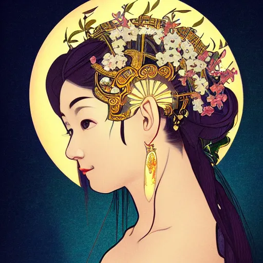 Prompt: a portrait of a very beautiful Asian goddess with halo behind her head, in the style of WLOP and Alphonse Mucha and Ross Tran, facing the camera, dramatic lighting