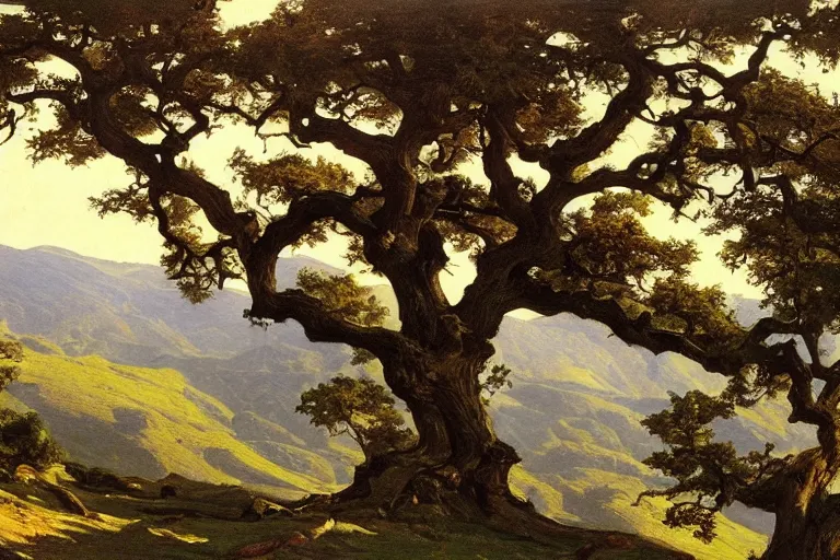 Prompt: masterpiece painting of oak trees on a hillside overlooking a creek, dramatic lighting, by j. c. leyendecker