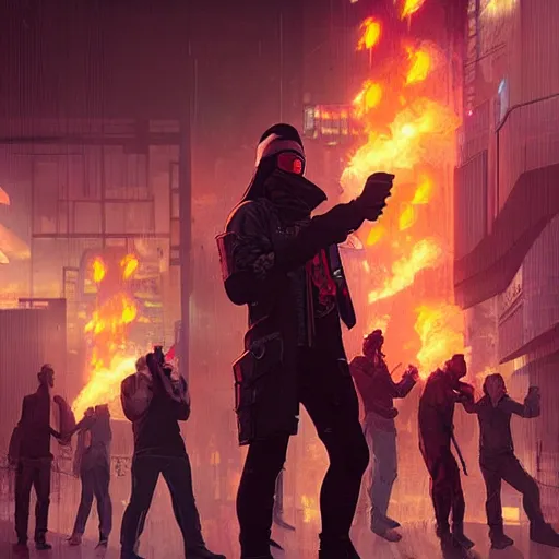 Image similar to cyberpunk rioters, detailed digital illustration by greg rutkowski, fire, placards, forced perspective, android netrunner