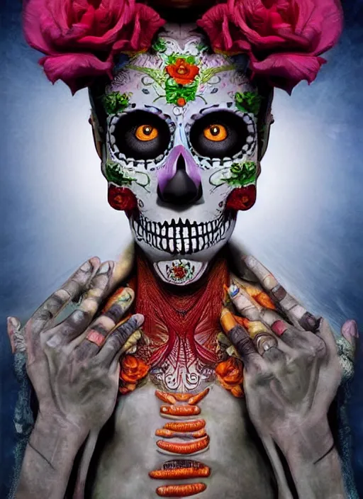 Prompt: dia de los muertos theme surrealist art in the styles of igor morski, jim warren, and saner, intricate, hyperrealistic, accurate facial details, profile picture with chromakey!!!!! background, volumetric lighting