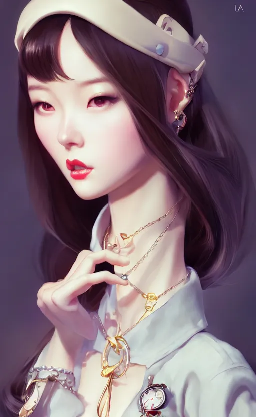 Image similar to a pin up and beautiful fashion charming dreamlke korea girl with lv jewelry, character art, art by artgerm lau and kyoung hwan kim and and ilya kuvshinov and john singer sargent, hyperdetailed, 8 k realistic, symmetrical, frostbite 3 engine, cryengine, dof, trending on artstation, digital art