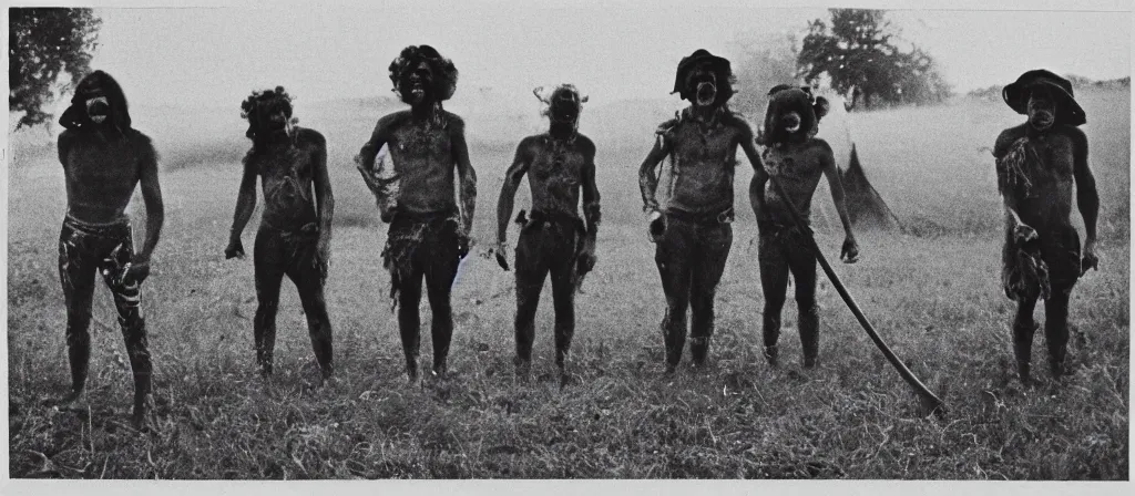 Image similar to circa 1 9 7 0 s restored 1 3 mm film photograph of a group of clowns in a field holding machetes at night, liminal, dark, thunderstorm, dark, flash on, blurry, ominous lighting