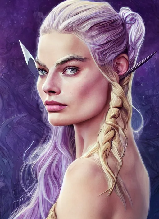 Prompt: Margot Robbie as legolas with long purple hair and sword, cute, fantasy, intricate, elegant, highly detailed, digital painting, 4k, HDR, concept art, smooth, sharp focus, illustration, art by artgerm and H R Giger and alphonse mucha