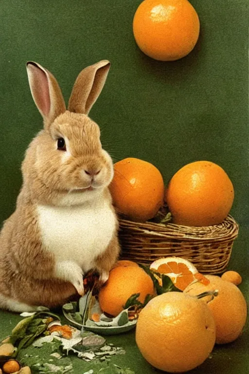 Image similar to fat rabbits with oranges vintage photograph