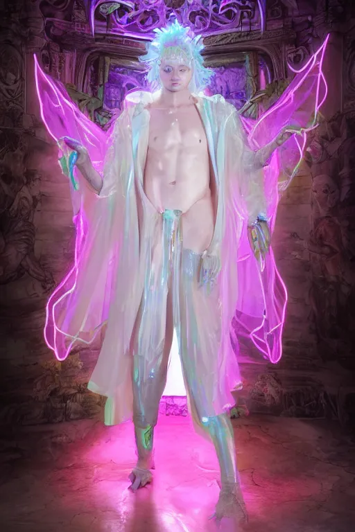 Image similar to full-body rococo and cyberpunk delicate neon crystalline sculpture of ((young muscular albino prince Sean Mendez)) as an iridescent humanoid deity wearing a thin see-through ((plastic hooded cloak)) (holding a human skull) in a white castle dungeon, reclining con (((las piernas abiertas))), glowing pink face, crown of (pink lasers), large blue diamonds, swirling black silk fabric. futuristic elements. oozing glowing liquid, full-length view. space robots. intricate artwork by caravaggio. Trending on artstation, octane render, cinematic lighting from the right, hyper realism, octane render, 8k, depth of field, 3D