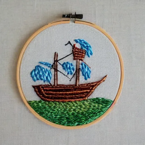 Prompt: a tiny beautiful handmade embroidery of a pirate ship on the ocean. hand embroidery.