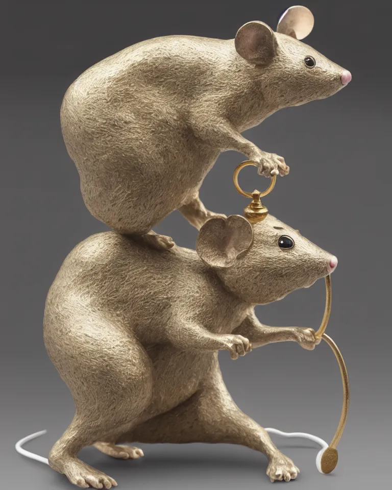 Image similar to a hyperrealistic, highly detailed statue of a mouse standing on two legs and holding a round bell made of white marble and gold, dramatic lighting, trending on artstation, sigma 5 0, hyper realisitic