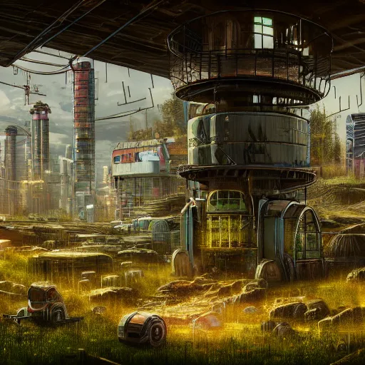 Prompt: fully detailed landscape of a cyberpunk farm underground , watertank, futuristic tractors, farmhouse, mushroom, overgrowth, Ai , Bots , drones , cinematic lightening, in the future, high quality, 8k , octane render, trending on artstation , greg rutowski