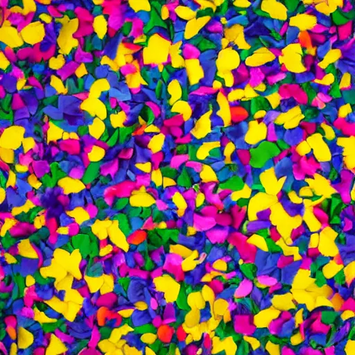 Prompt: spaciously scattered multi colored flower petals flowing through the air from left to right on a clean background