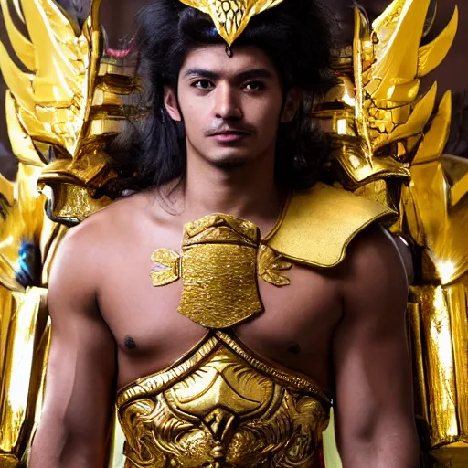 Image similar to A radiant, extreme long shot, photo of a 27-year-old Mexican male wearing the Scorpio Gold Armor, Beautiful gold Saint, Jaw-Dropping Beauty, gracious, aesthetically pleasing, dramatic eyes, intense stare, immense cosmic aura, from Knights of the Zodiac Saint Seiya, inside the Old Temple of Athena Greece,4k high resolution, Detailed photo, attention to detail, hyper detailed, ultra detailed, octane render, arnold render, Photoshopped, Award Winning Photo, groundbreaking, Deep depth of field, f/22, 35mm, make all elements sharp, at golden hour, Light Academia aesthetic, Socialist realism, by Annie Leibovitz