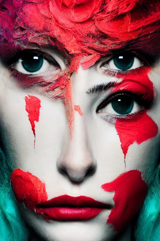 Image similar to glitched mix of endless female faces and red paint in style of neo-dada