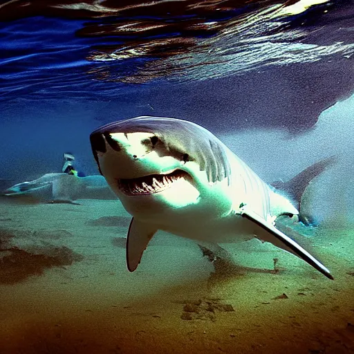 Prompt: A great white shark is swimming towards the viewer out of the dark water, underwater, underwater photography, night, hyperrealism, wildlife photo, trail cam, ultra high detail