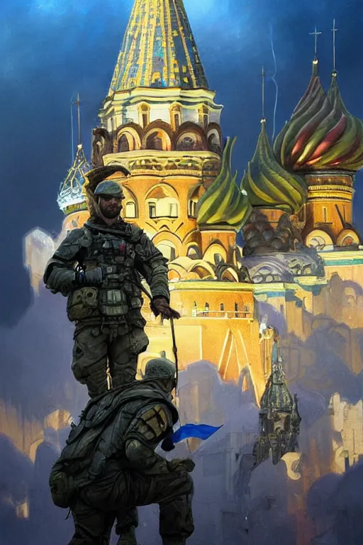 Image similar to special forces soldier raising ukrainian blue and yellow flag on st. basil cathedral, masculine figure, d & d, fantasy, bright atmosphere, volumetric lights, intricate, elegant, extremely detailed, digital painting, artstation, concept art, matte, smooth, sharp focus, hyper realistic, illustration, art by artgerm and greg rutkowski and alphonse mucha