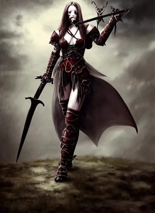 Image similar to fantasy visual, female vampire warrior, full body portrait, barefoot, no shoes, exposed toes, nail polish, black full plate armor, historical armor, realistic armor, muscular, covered chest, metal mask, giant two - handed sword dripping blood, flying, grinning, realistic, dungeons and dragons.