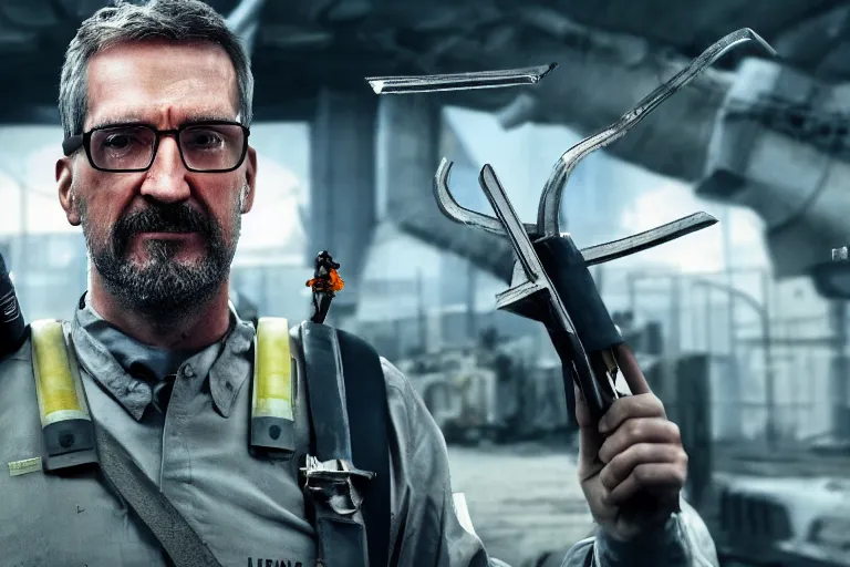 Image similar to vfx movie closeup real life gordon freeman holding wearing futuristic armor, half life logo on chest, crowbar in russian train yard by emmanuel lubezki