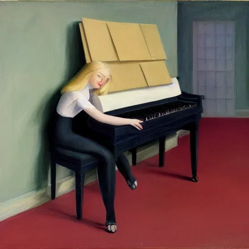 Image similar to Painting of Elle Fanning playing the piano, long blonde hair, delicate, pale milky white porcelain skin, by Edward Hopper. 8K. Extremely detailed.